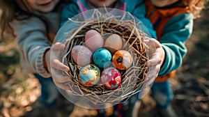 Close-up of three girl& x27;s hands are holding a basket full with vibrant colorful Easter eggs with cute patterns on blurred