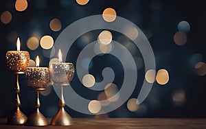 Close up of three golden burning candles in vintage candlesticks on the wooden table. Blurred Christmas light