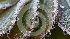 Leaf highlighting the contrast between the icy texture and the smooth