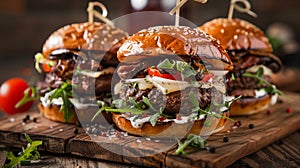 Close-up of three homemade juicy burgers with mushrooms on a wooden cutting board