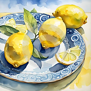 Close-up of three lemons on a yellow and blue Italian majolica plate, against a nuanced blue, watercolored