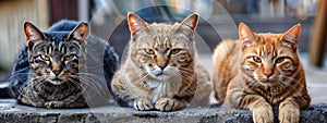 Three menacing cats lined up, exuding an air of ferocity.