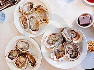 Close up of three plates of fresh oysters and red bean cake and apple cake on the white table, hotel buffet