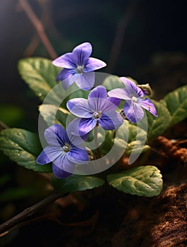 Close-up of three purple flowers, with one flower in center and two on either side. These beautiful flowers are growing