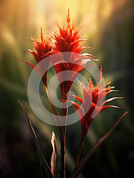 Close-up of three red flowers, with sun shining behind them. These beautiful flowers are in full bloom and have vibrant