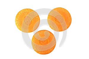 Close up three round thin cut Carrot slices isolated on white