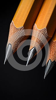 Close-up of three sharpened pencils, black background. Creativity and writing concept