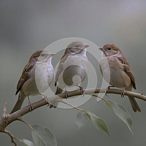 Close Up Three Small Sparrow Birds