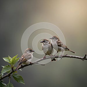 Close Up Three Small Sparrow Birds