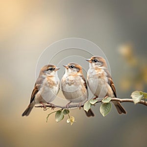 Close Up Three Small Sparrow Birds