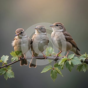 Close Up Three Small Sparrow Birds
