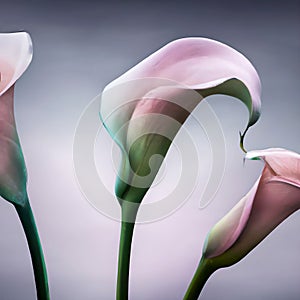 Close-up of three watercolored pink calla lilies\' corollas on a light gray background photo
