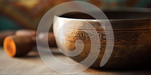 A close up of a tibetan singing bowl or himalayan bowl.