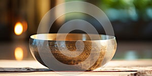 A close up of a tibetan singing bowl or himalayan bowl.