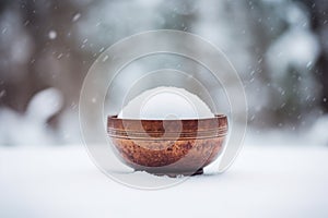 close-up of tibetan singing bowl in the snow