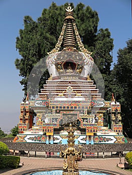 Close-up of Tibetan style stupa or chorten, at Kopan Monastery, a Tibetan Buddhist temple, in Kathmandu, Nepal