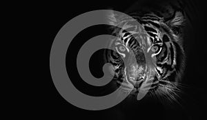 Close up on tiger, black background, black and white
