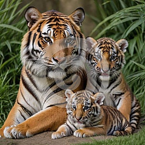 Close up of tiger cubs with mother