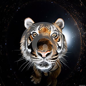 A close up of a tiger looking at the camera. AI generative image