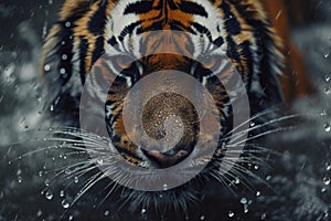 Close-up of a tiger\'s face surrounded by river mist water droplets clinging to its whiskers capturing the untamed spirit and
