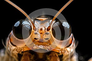 close-up of tiger shrimp prawn's eyes, with its beady black pupils and white irises visible