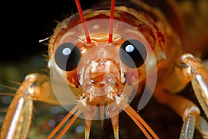 close-up of tiger shrimp prawn's eyes, with its beady black pupils and white irises visible