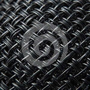 Close-up of a tightly woven black mesh structure. The pattern is formed by
