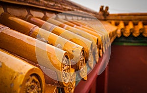Close up tile Roof decorations in the Forbidden City, Beijing - China