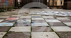 Close-up of a tiled pavement featuring a checkerboard pattern with alternating
