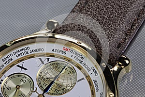 close up on Time zone cities name on luxury world time watch bezel