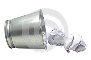 Close up tin bucket with crumpled paper ball. With clipping path