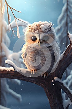 Close-up Tiny Cute Owl on a branch photorealistic. Generative AI