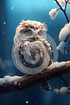Close-up Tiny Cute Owl on a Branch photorealistic. Generative AI