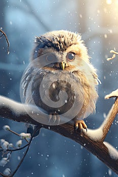 Close-up Tiny Cute Owl on a Branch photorealistic.Generative AI