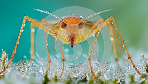 Close-up of a tiny insect covered in water droplets on a textured surface