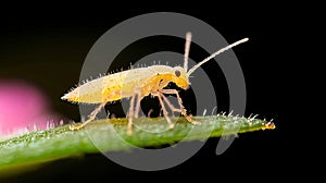 Close up of a tiny yellow insect on a leaf