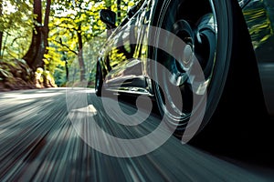 close up tire car is speeding down a road with trees in the background. ai generative