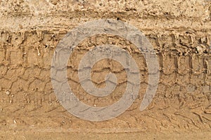 Close up of tire tracks in the wet sand