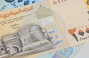 Close up to 200 Rial or Riyal of the Republic Jemen. Paper banknotes of the Arabic country. Detailed capture of the front art