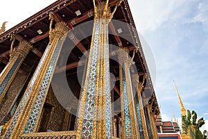 Close up to the artistic architecture and decoration of Phra Ubosot or The Chapel of The Emerald Buddha or Wat Phra Kaew, The Gran