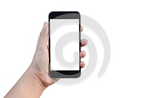 Close up to Asian Women lelf hand holding black smartphone empty blank white screen isolated on white background view. Business of