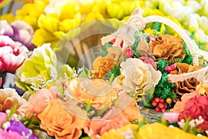 Close up to beautiful decoration artificial flower or faked flowers for sale at local market.