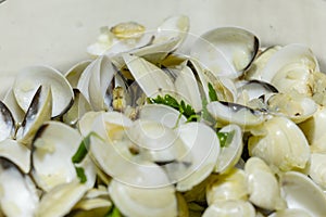 Close up to Clams with garlic and parsley on a white plate. Portuguese typical sea food dish.