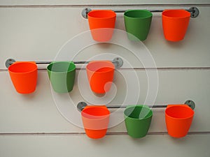 Close up to colorful pots with grey background