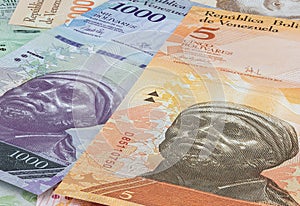 Close up to the currency of the south American country Venezuela. High inflation and weak economy increases the denomination of