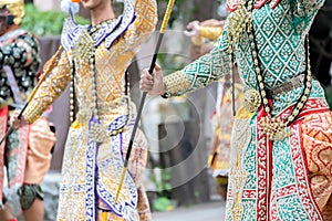 Close up to the custume of The performance Thai traditional drama story Khon epic, Ramakien or Ramayana