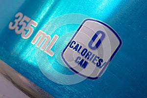 A close up to a diet soft drink can to calories amount