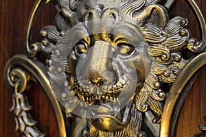Close up to a golden Iron Lion shiled iluminated with yellow light photo