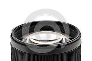 Close up to Lens Glass for camera lens in studio light on isolated white background. Clipping Paths