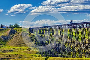 A close up to the Lethbridge Viaduct, commonly known as the High Level Bridge in Lethbridge,